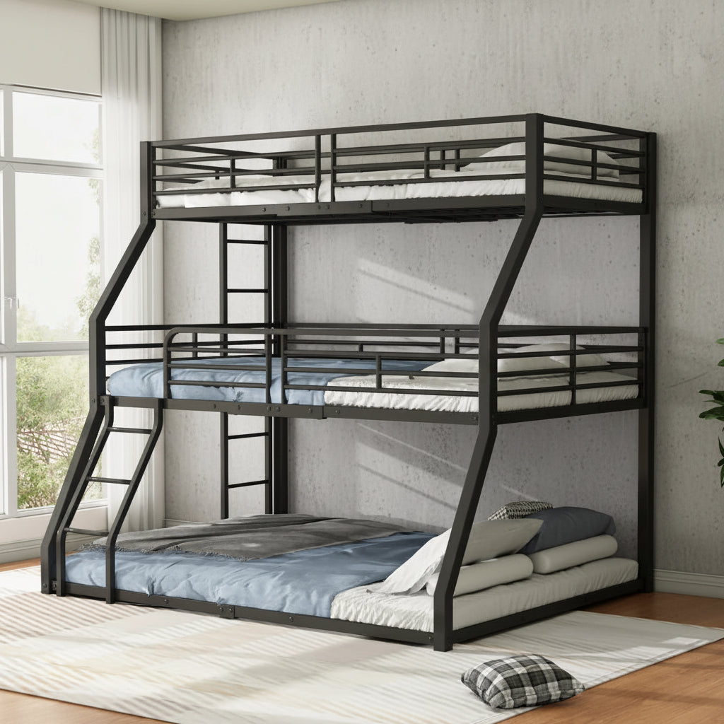 Dreifach Etagenbett 90x200 Metallbett 3 Personen Kinderbett Hochbett Stahlbett Schwarz