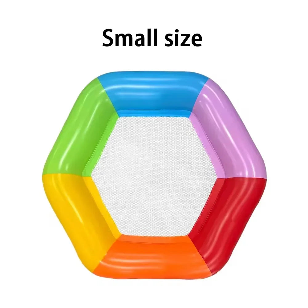 1 Stück Regenbogen-Hexagon aufblasbare Pool-Luftmatratze mit Netz-Sitzfläche, Wasser-Hängematte für Erwachsene, Sommer-Schwimmbad-Luftliege für Partys