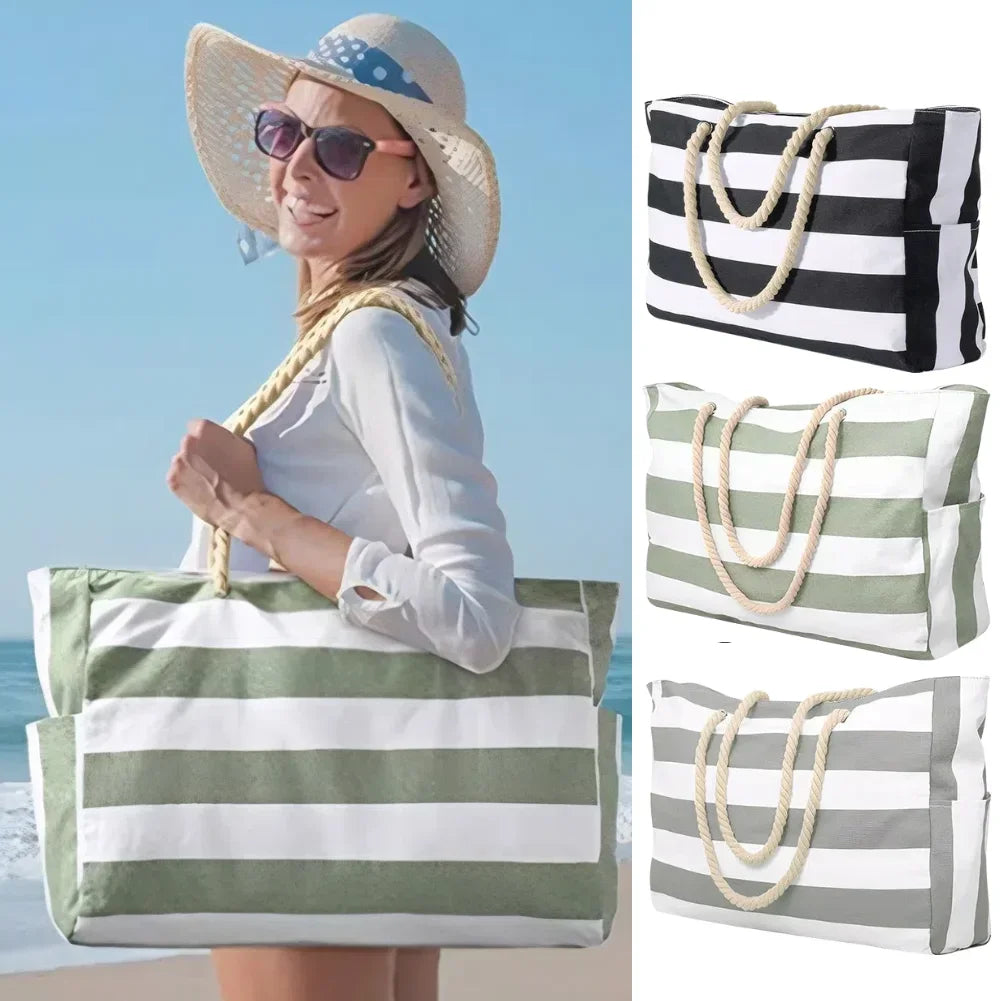Gestreifte Strandtasche mit Reißverschluss, große Strandtasche, wasserdicht, sanddicht, Schwimmbad-Leinentasche mit Reißverschluss für Damen