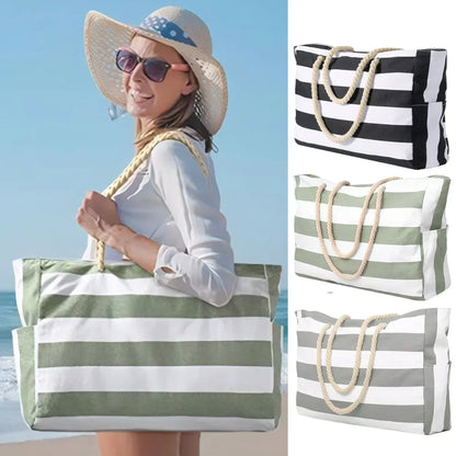 Gestreifte Strandtasche mit Reißverschluss, große Strandtasche, wasserdicht, sanddicht, Schwimmbad-Leinentasche mit Reißverschluss für Damen