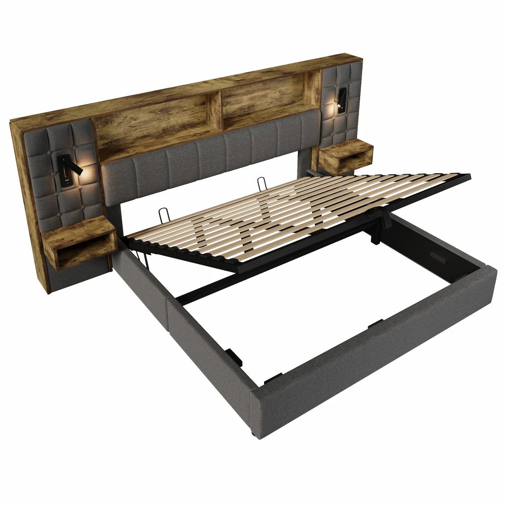 Polsterbett 180x200 Bett mit Bettkasten LED USB USB-C Nachttische Leinenbett Grau