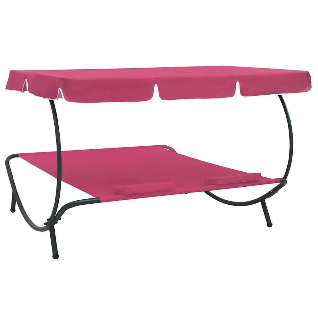 Doppel Sonnenliege mit Dach & Kissen – Outdoor Tagesbett Gartenliege Lounge Liege Terrasse Rosa 200x180 cm
