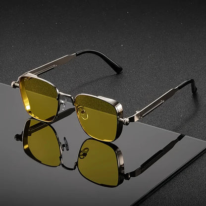 Retro Steampunk Sonnenbrille – Edelstahl Rahmen, Spiegelgläser für Herren & Damen UV400 Schutz