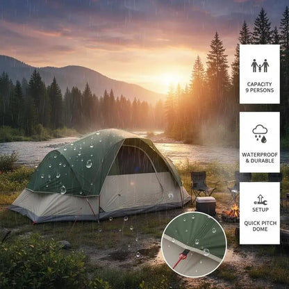 9 Personen Familienzelt Campingzelt Groß Wasserdicht Moskitonetz Grün Outdoor
