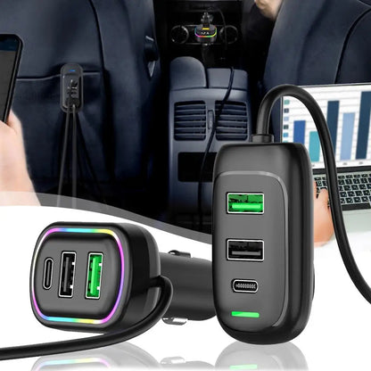 6-Port Auto-Ladegerät mit Front- & Heck-Erweiterung | USB & Type-C | Schnellladen mit RGB-Licht