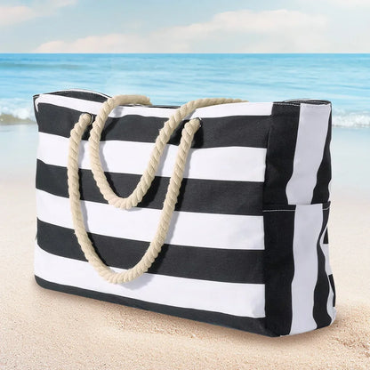 Gestreifte Strandtasche mit Reißverschluss, große Strandtasche, wasserdicht, sanddicht, Schwimmbad-Leinentasche mit Reißverschluss für Damen