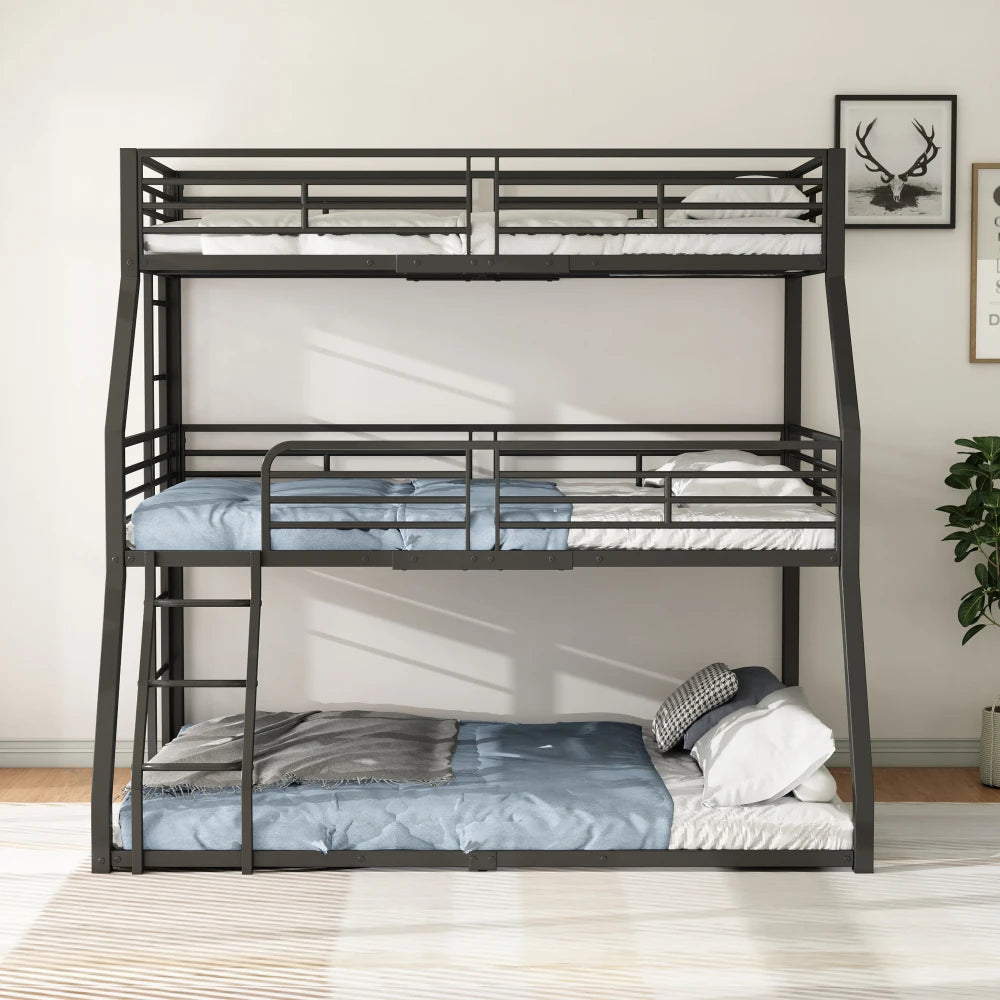 Dreifach Etagenbett 90x200 Metallbett 3 Personen Kinderbett Hochbett Stahlbett Schwarz