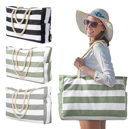 Gestreifte Strandtasche mit Reißverschluss, große Strandtasche, wasserdicht, sanddicht, Schwimmbad-Leinentasche mit Reißverschluss für Damen