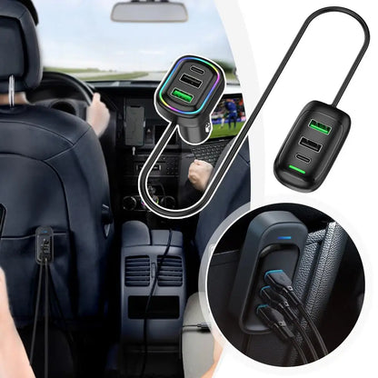 6-Port Auto-Ladegerät mit Front- & Heck-Erweiterung | USB & Type-C | Schnellladen mit RGB-Licht