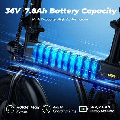 E-Bike – 14" Faltbares Elektrofahrrad mit 250W Motor 36 V / 7,5 Ah, LCD-Display | Citybike bis 25 km/h