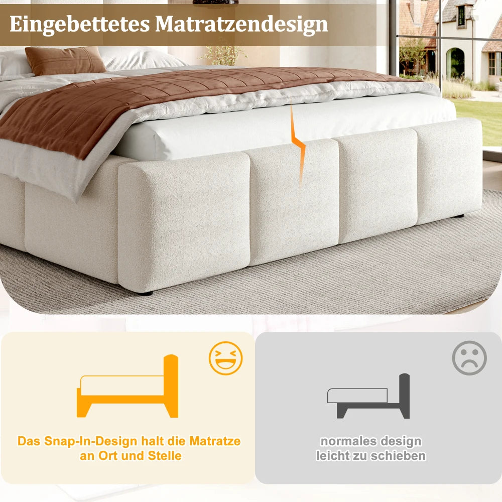 Polsterbett Bouclé Beige Doppelbett 160/180x200 cm Kopfteil Gittermuster Stauraum