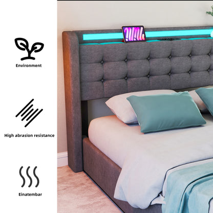 Polsterbett 90x 140x200 160x200 Bettkasten LED USB Stoffbett Doppelbett Bettgestell Grau