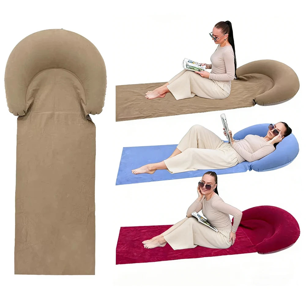 1 Stück Aufblasbare Strandmatte mit Kissen, beflocktes PVC, aufblasbare Outdoor-Schlafmatte, tragbare Matratze für Wandern und Camping
