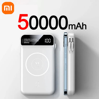 Powerbank 50000 mAh mit Magnetischer & Kabelloser Aufladung + Integrierte Kabel