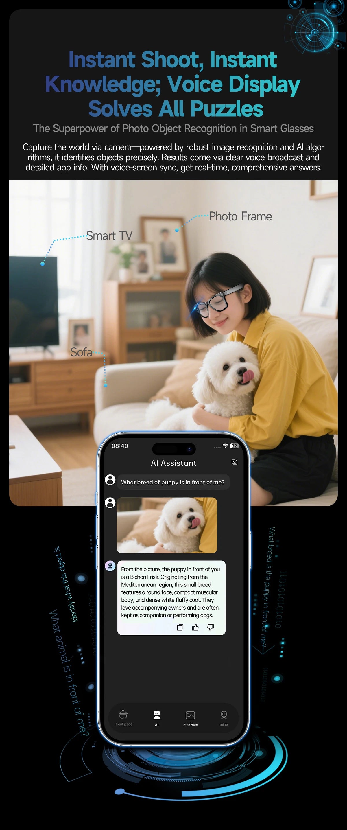 Intelligente Bluetooth-Brille mit Kamera, Videoaufnahme, Sprachsteuerung & KI-Übersetzung. Für Alltag & Action