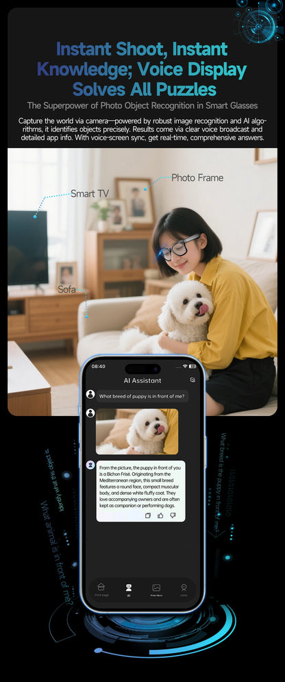 Intelligente Bluetooth-Brille mit Kamera, Videoaufnahme, Sprachsteuerung & KI-Übersetzung. Für Alltag & Action