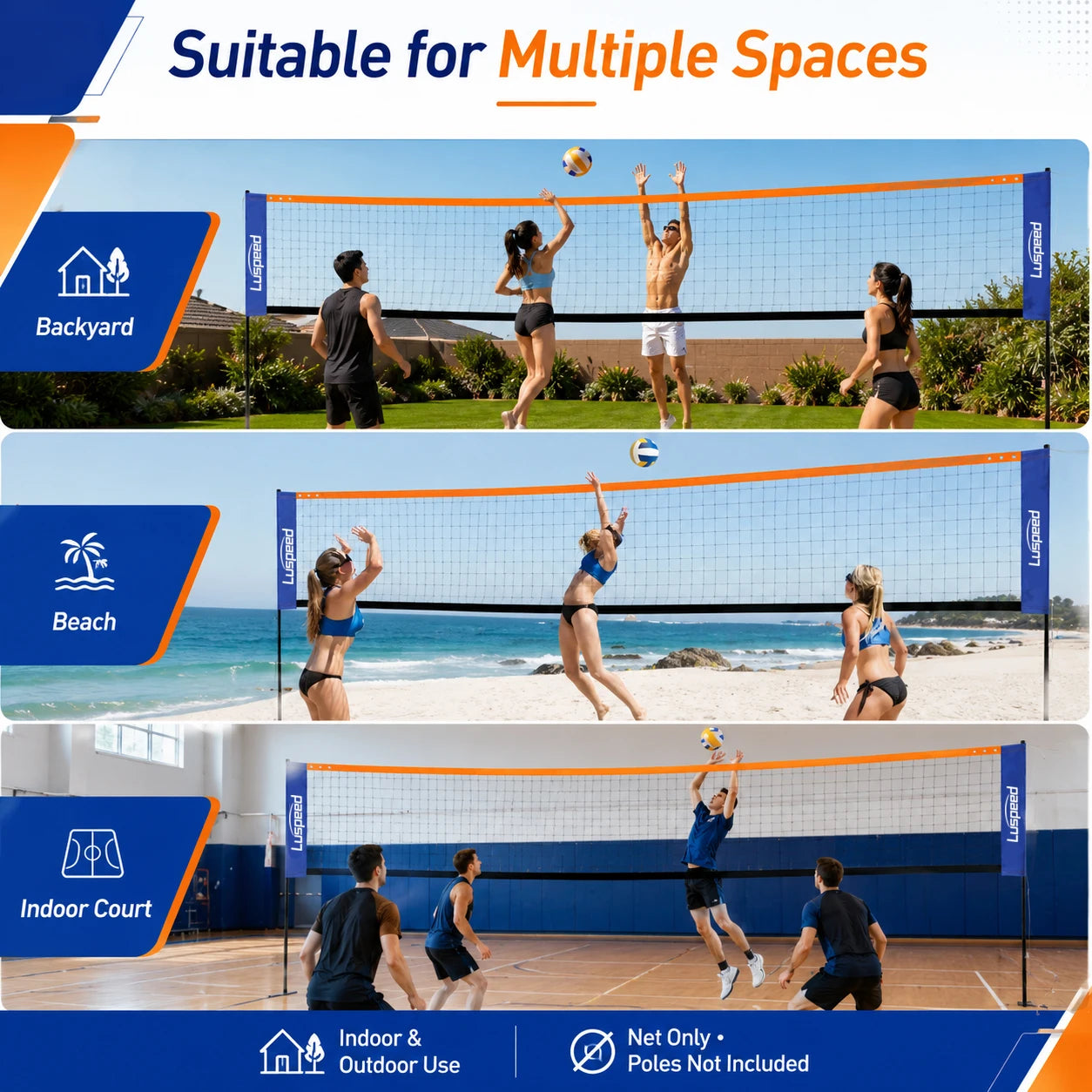 Tragbares Volleyball-Netz für Draußen und Drinnen, Badminton-Trainingsnetz für Garten, Strand und Sportplätze, Nur Netz, Ohne Stangen