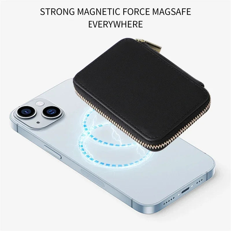 Magnetische Leder Geldbörse-Hülle mit Kartenhalter & Reißverschluss – Handyhülle mit Standfunktion für iPhone 16 / 15 / 14 / 13 / 12 / 11 Pro Max (MagSafe)