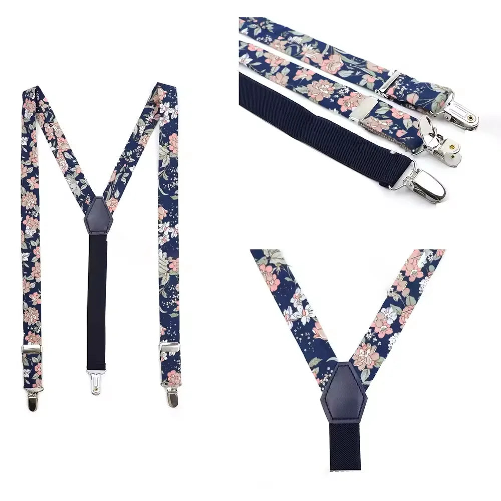 Hosenträger Set Herren Kinder 3-teilig Fliege Einstecktuch Blumenmuster Verstellbar