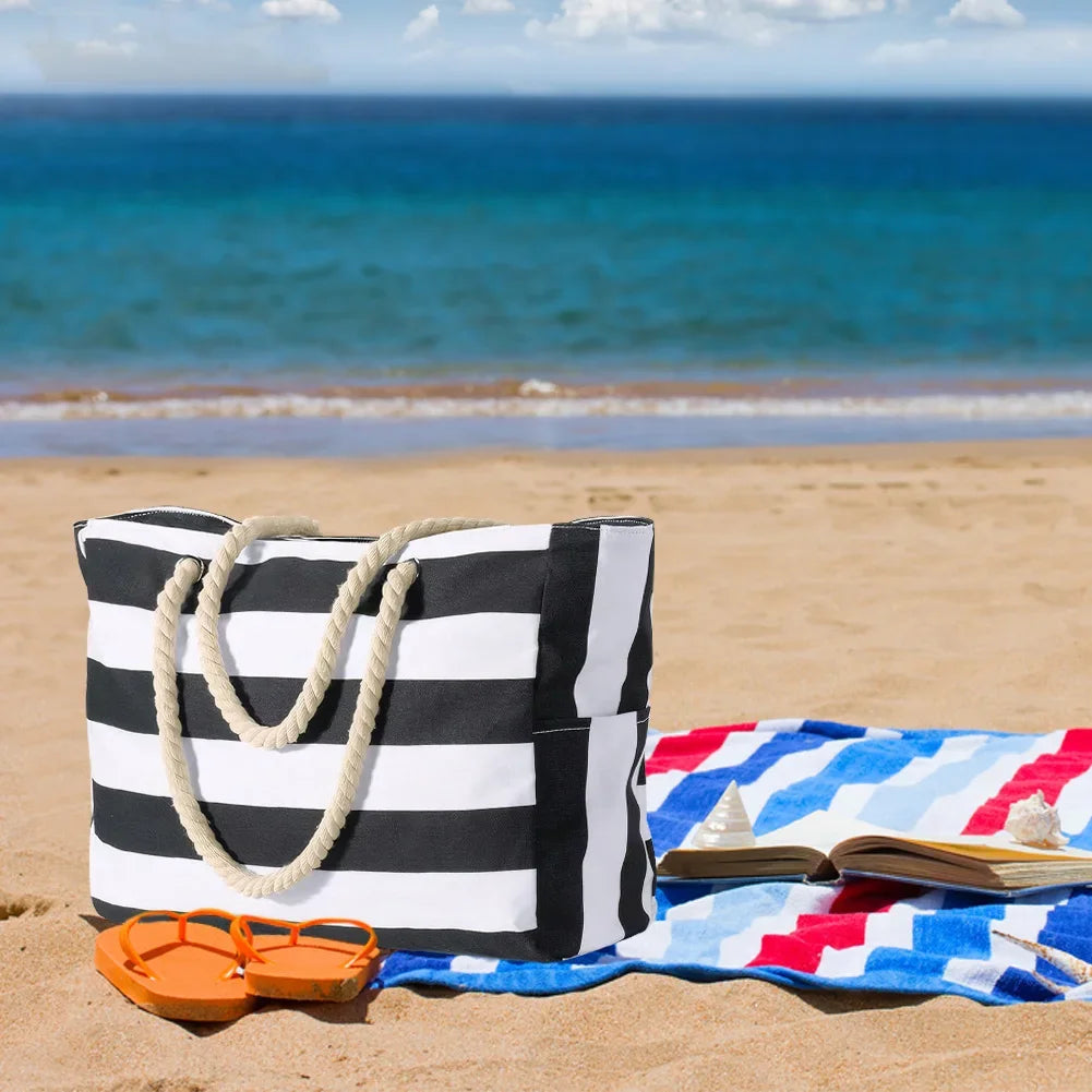 Gestreifte Strandtasche mit Reißverschluss, große Strandtasche, wasserdicht, sanddicht, Schwimmbad-Leinentasche mit Reißverschluss für Damen