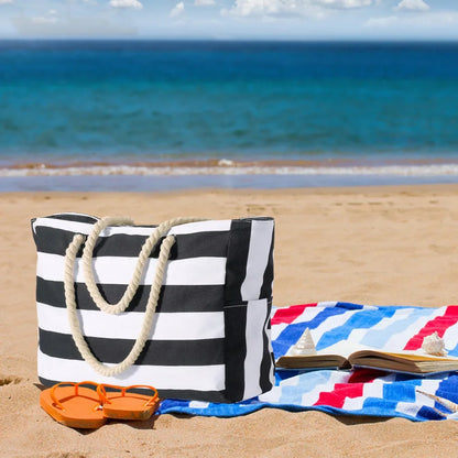 Gestreifte Strandtasche mit Reißverschluss, große Strandtasche, wasserdicht, sanddicht, Schwimmbad-Leinentasche mit Reißverschluss für Damen