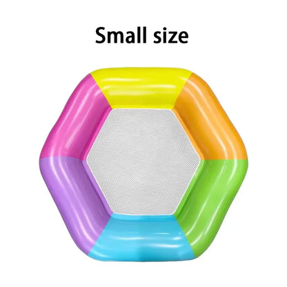 1 Stück Regenbogen-Hexagon aufblasbare Pool-Luftmatratze mit Netz-Sitzfläche, Wasser-Hängematte für Erwachsene, Sommer-Schwimmbad-Luftliege für Partys