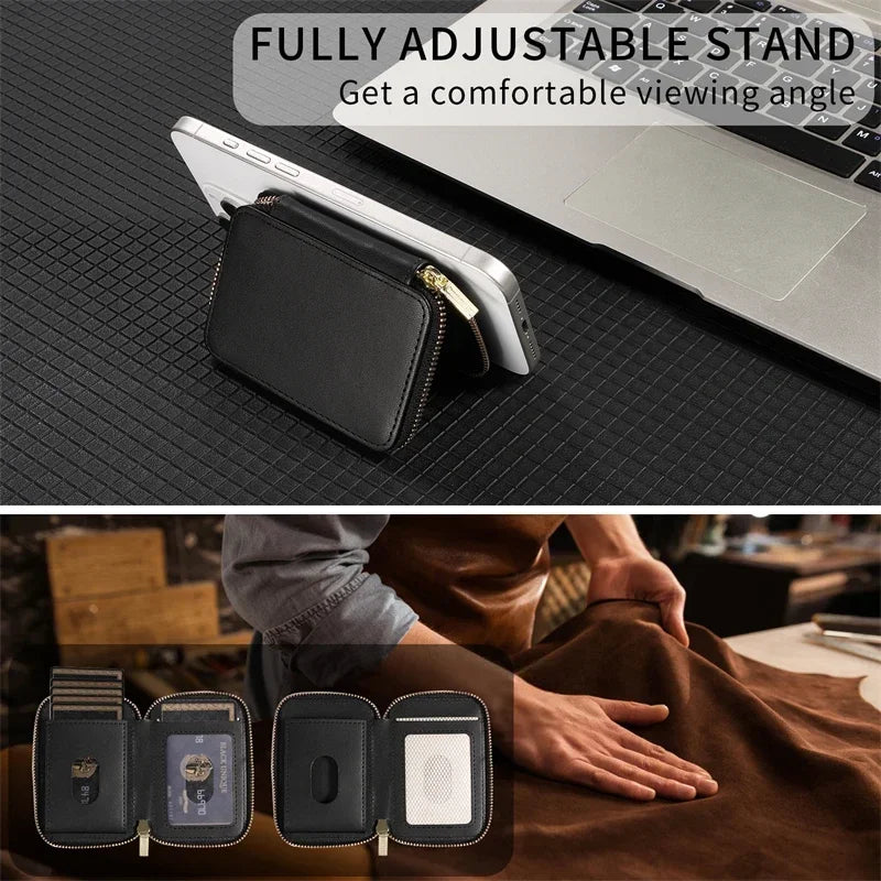 Magnetische Leder Geldbörse-Hülle mit Kartenhalter & Reißverschluss – Handyhülle mit Standfunktion für iPhone 16 / 15 / 14 / 13 / 12 / 11 Pro Max (MagSafe)