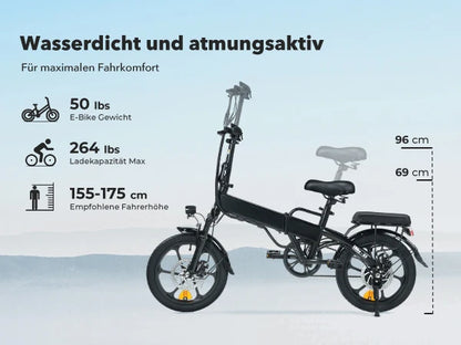 Faltbares E-Bike 16" – 250W Motor | 36V 17,5Ah Akku | City Pedelec bis 25 km/h | 60 km Reichweite