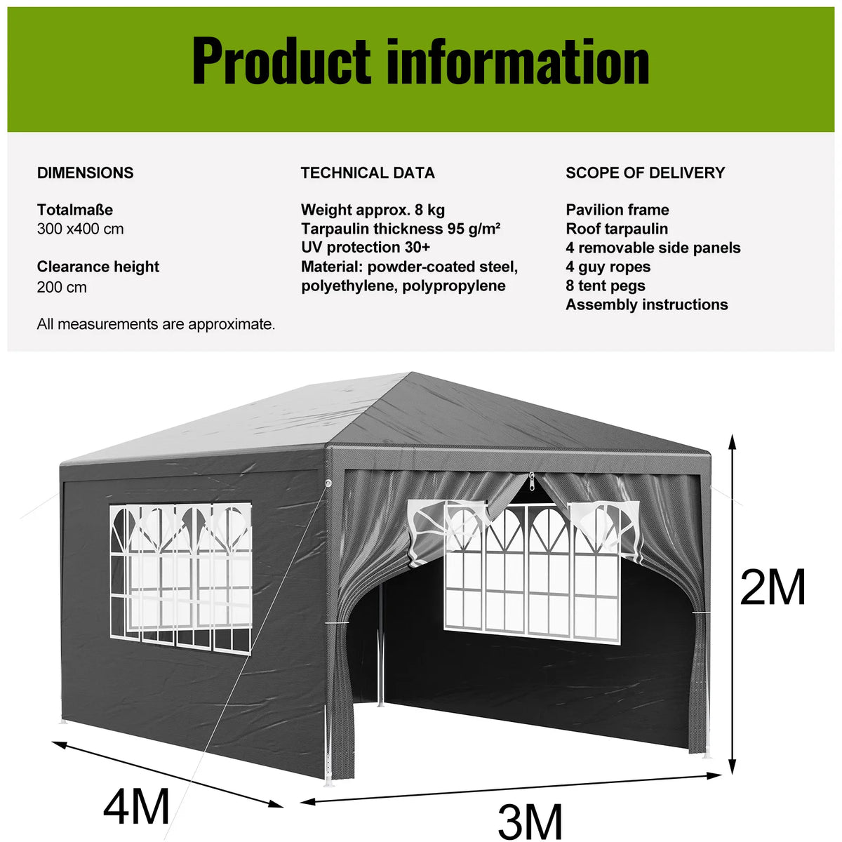 Pavillon 3x4 m Wasserdicht Partyzelt mit 4 Seitenwänden UV-Schutz