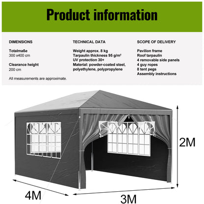 Pavillon 3x4 m Wasserdicht Partyzelt mit 4 Seitenwänden UV-Schutz