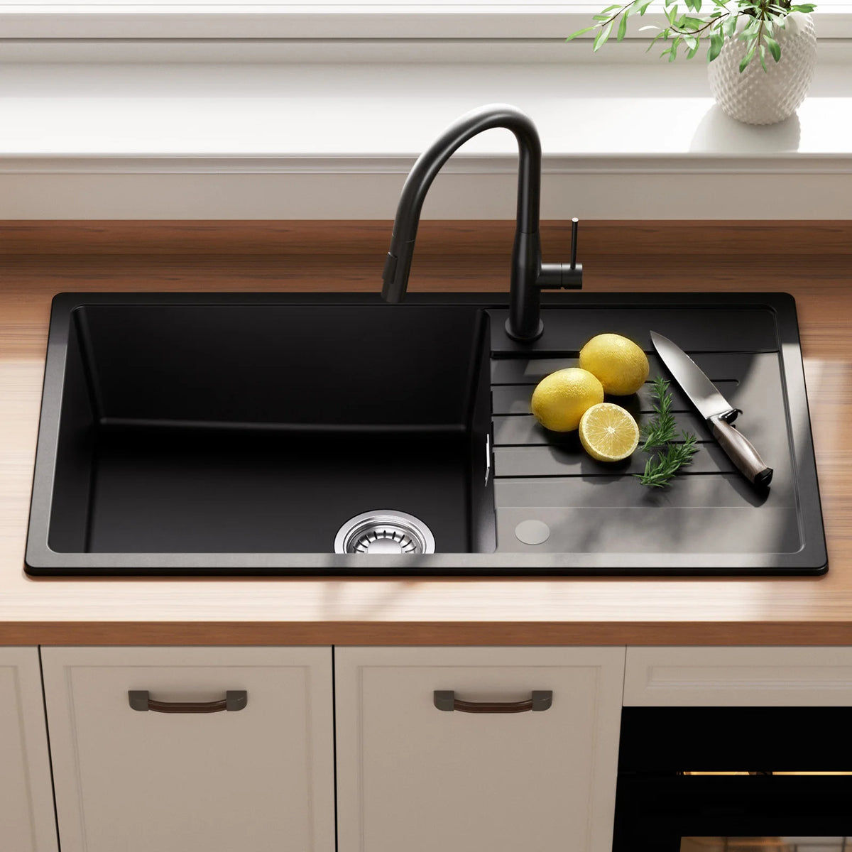 86x45 cm Granit Küchenspüle Schwarz Quarzkomposit Einbauspüle mit Abtropffläche