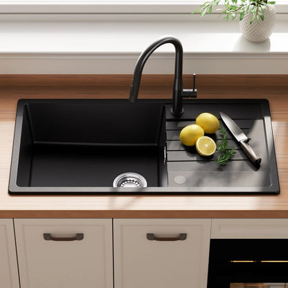 86x45 cm Granit Küchenspüle Schwarz Quarzkomposit Einbauspüle mit Abtropffläche