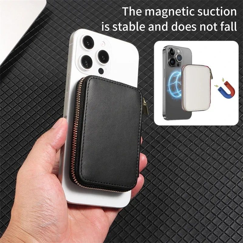 Magnetische Leder Geldbörse-Hülle mit Kartenhalter & Reißverschluss – Handyhülle mit Standfunktion für iPhone 16 / 15 / 14 / 13 / 12 / 11 Pro Max (MagSafe)