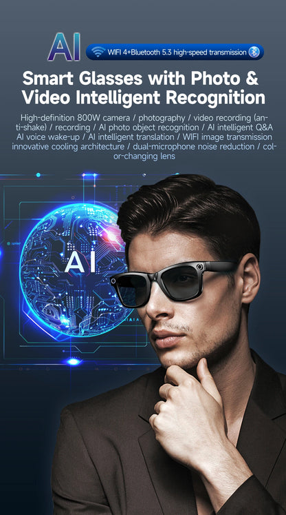 Intelligente Bluetooth-Brille mit Kamera, Videoaufnahme, Sprachsteuerung & KI-Übersetzung. Für Alltag & Action