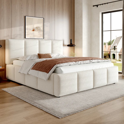 Polsterbett Bouclé Beige Doppelbett 160/180x200 cm Kopfteil Gittermuster Stauraum