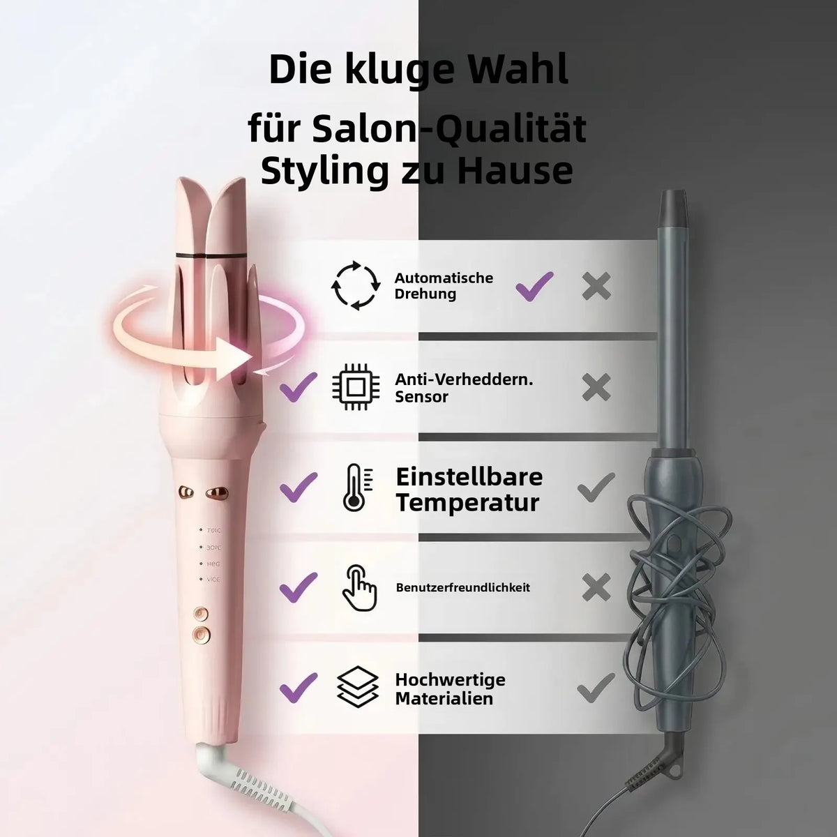 3in1 Automatischer Lockenstab Keramik Lockenwickler Glättbürste LCD Pink