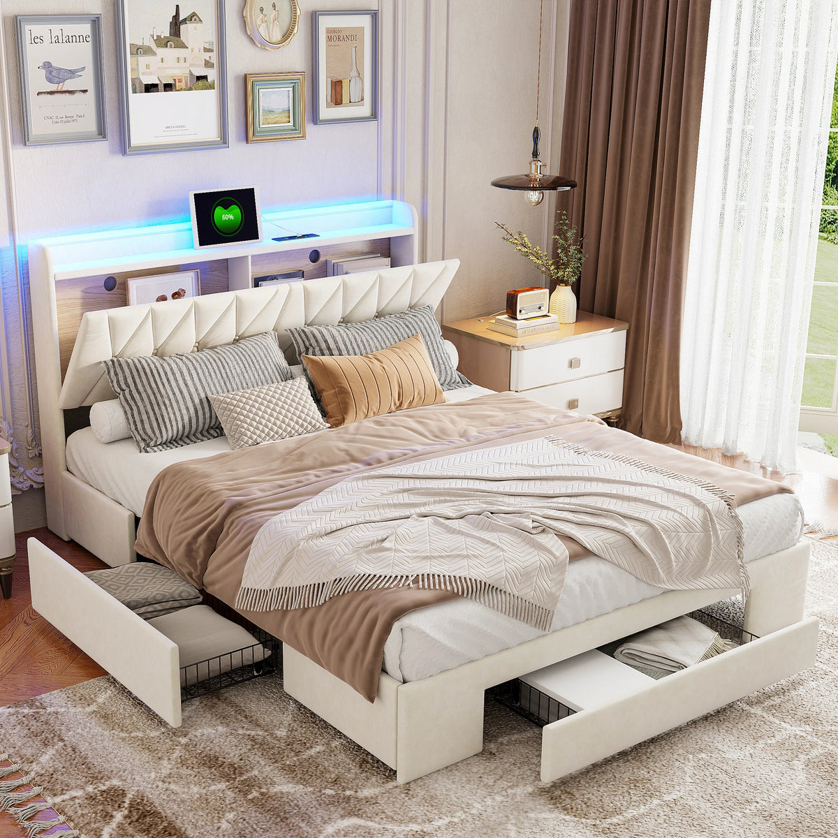 Polsterbett Aurora Samtbett 140/160x200 mit 3 Schubladen Cremeweiß