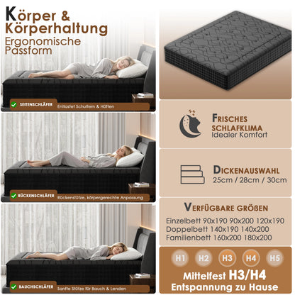 DEWINNER Hybridmatratze 140x200 30cm Taschenfederkern Memory Foam 7-Zonen OEKO-TEX