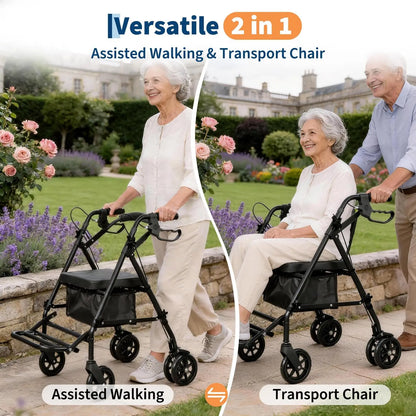 2-in-1 Rollator Rollstuhl Senioren Faltbar mit Sitz Fußstützen bis 136 kg