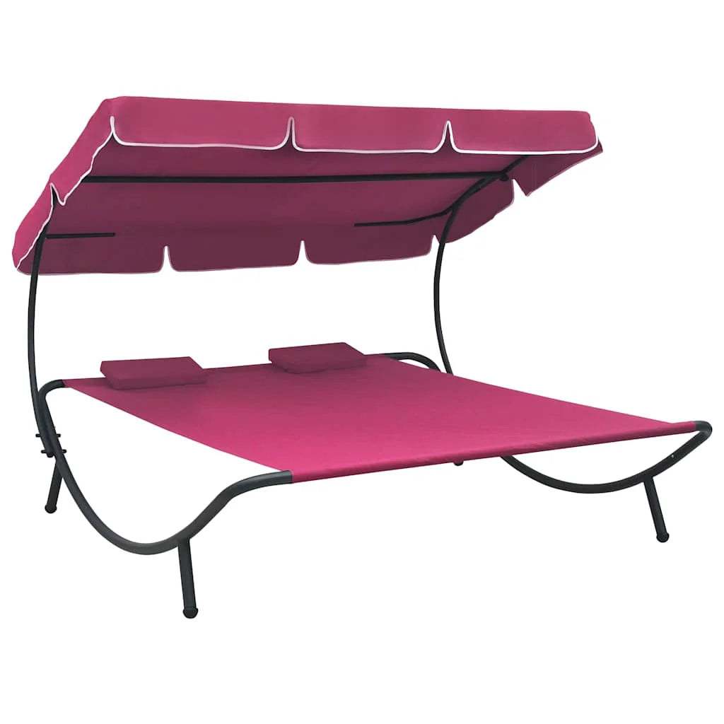 Doppel Sonnenliege mit Dach & Kissen – Outdoor Tagesbett Gartenliege Lounge Liege Terrasse Rosa 200x180 cm