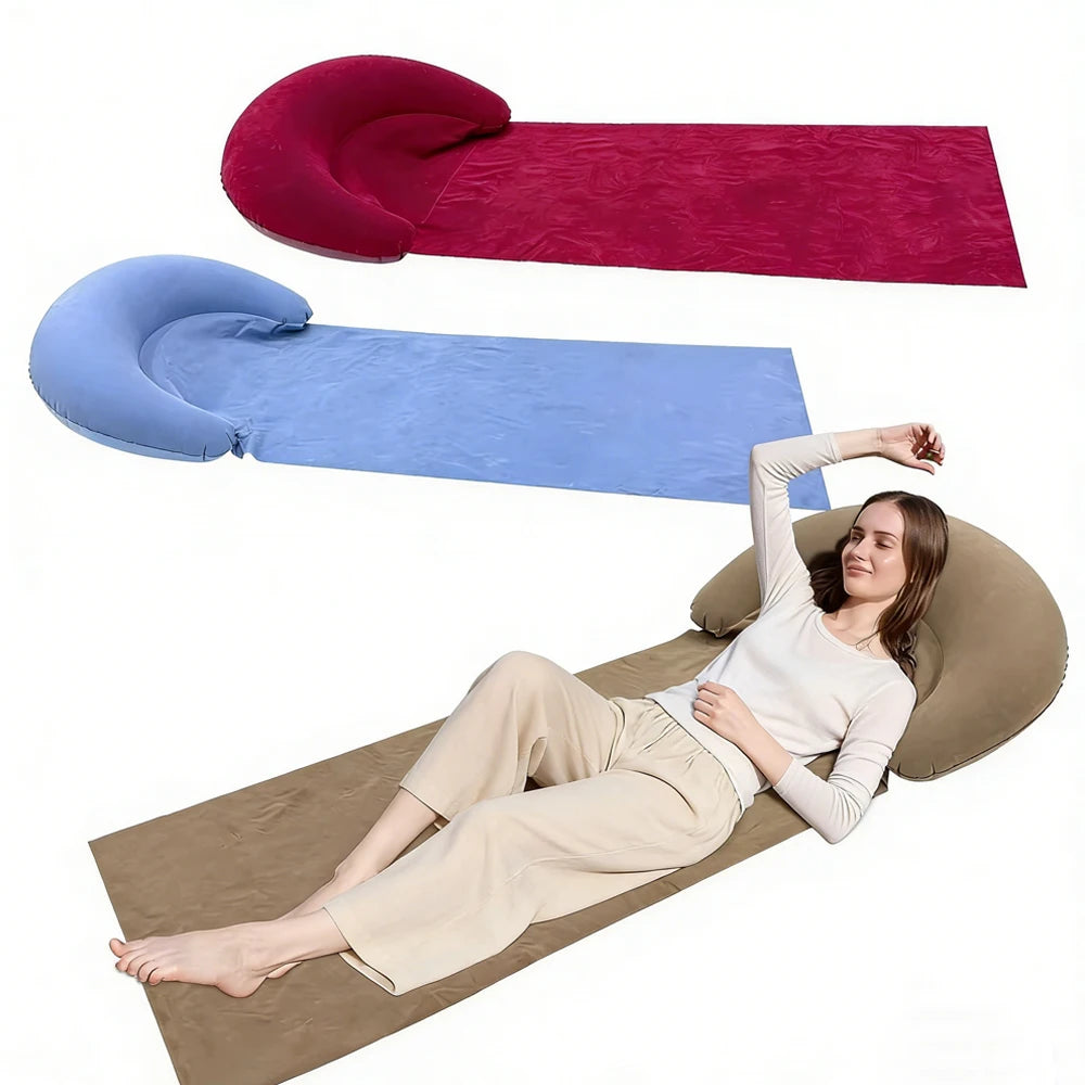 1 Stück Aufblasbare Strandmatte mit Kissen, beflocktes PVC, aufblasbare Outdoor-Schlafmatte, tragbare Matratze für Wandern und Camping