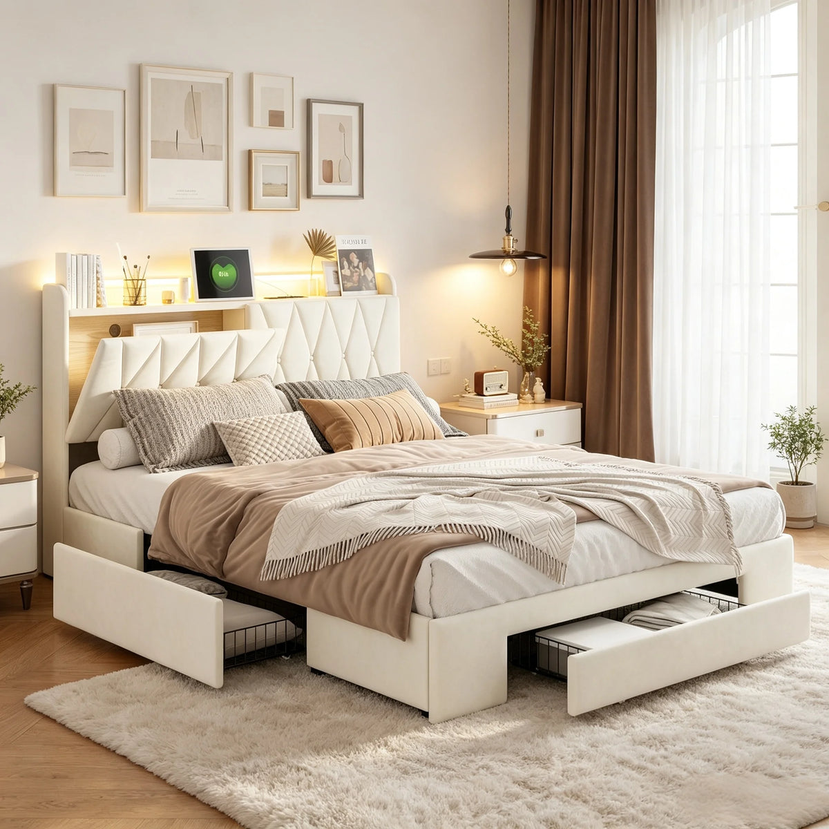 Polsterbett Aurora Samtbett 140/160x200 mit 3 Schubladen Cremeweiß