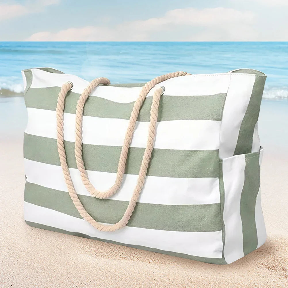 Gestreifte Strandtasche mit Reißverschluss, große Strandtasche, wasserdicht, sanddicht, Schwimmbad-Leinentasche mit Reißverschluss für Damen