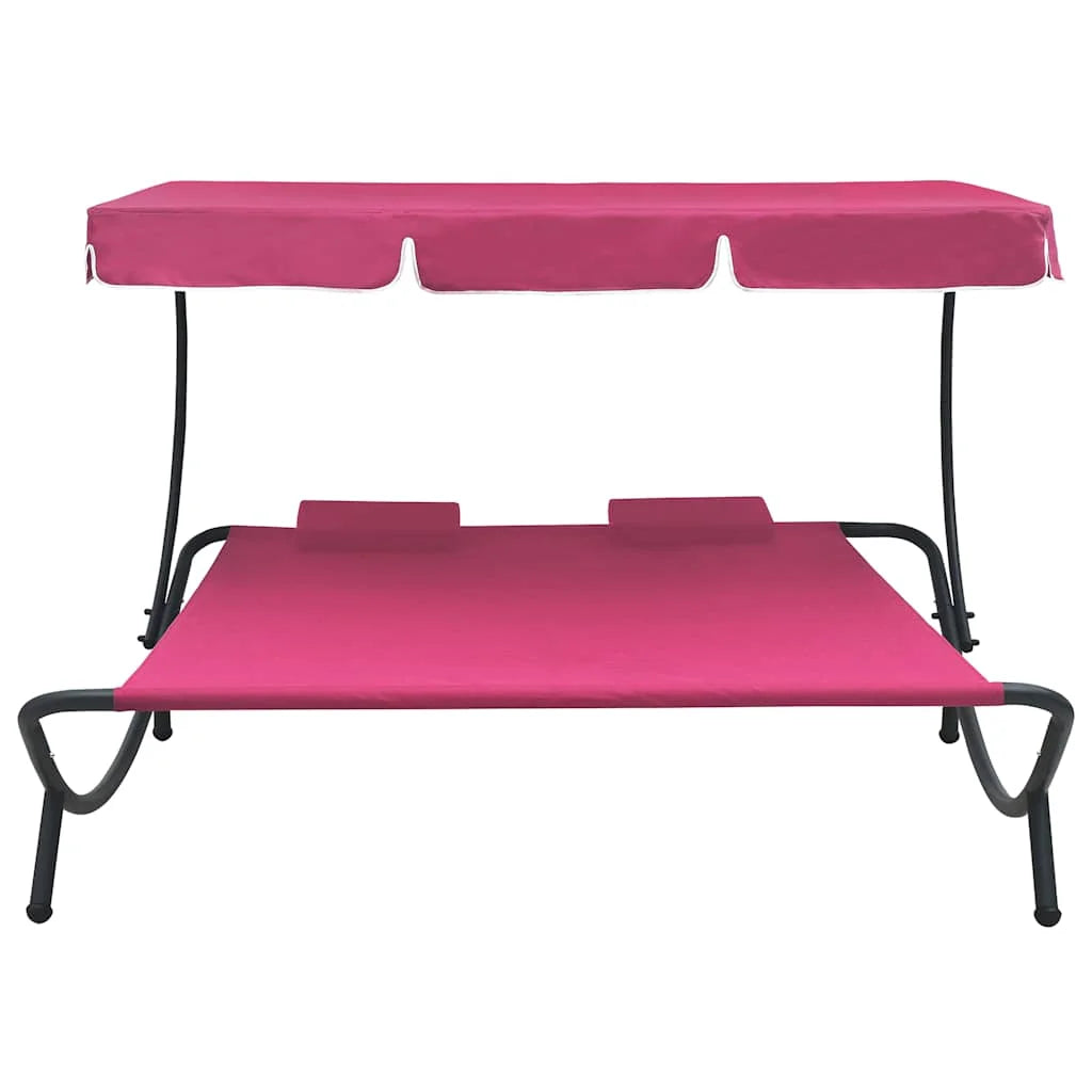 Doppel Sonnenliege mit Dach & Kissen – Outdoor Tagesbett Gartenliege Lounge Liege Terrasse Rosa 200x180 cm
