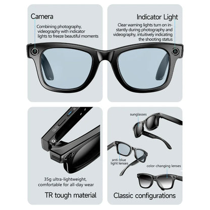 Intelligente Bluetooth-Brille mit Kamera, Videoaufnahme, Sprachsteuerung & KI-Übersetzung. Für Alltag & Action