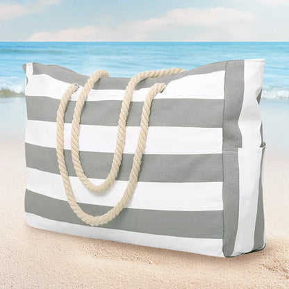 Gestreifte Strandtasche mit Reißverschluss, große Strandtasche, wasserdicht, sanddicht, Schwimmbad-Leinentasche mit Reißverschluss für Damen