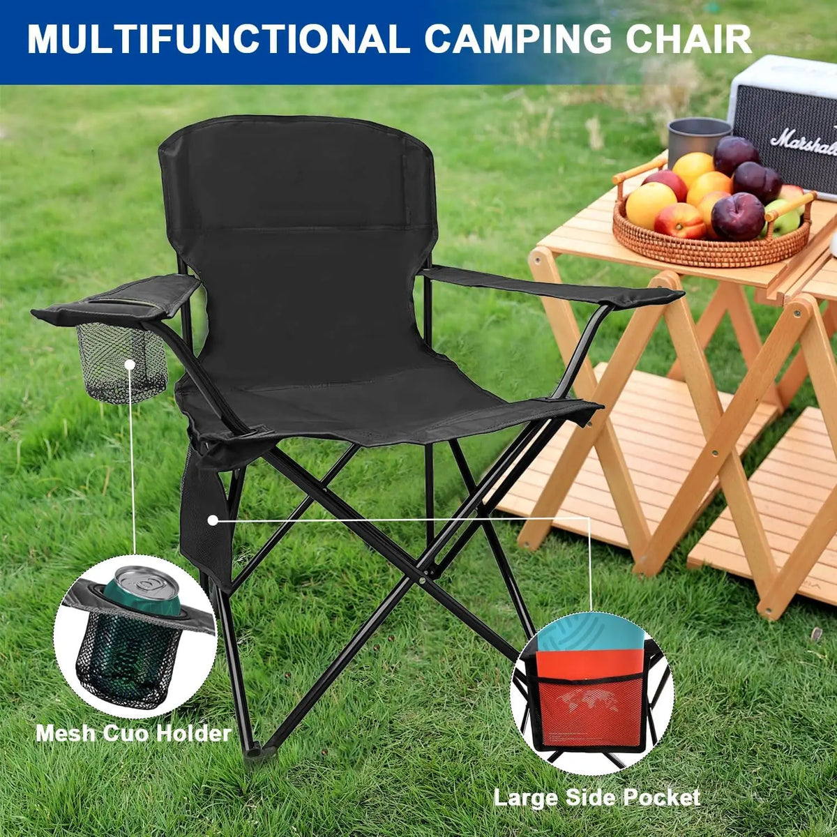 Klappbarer Campingstuhl – Outdoor Angelstuhl Strandstuhl Faltstuhl mit Getränkehalter & Tragetasche Schwarz