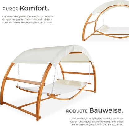 Tectake® Doppel Hängematte Mit Gestell, 328 X 160 X 172 Cm, Hängematte Mit Dach Für 2 Personen, Belastbarkeit 250 Kg, Doppel Sonnenliege, Sonnenliege Holz, Gartenliege Holz, Wetterfest, Inkl. 2 Kissen