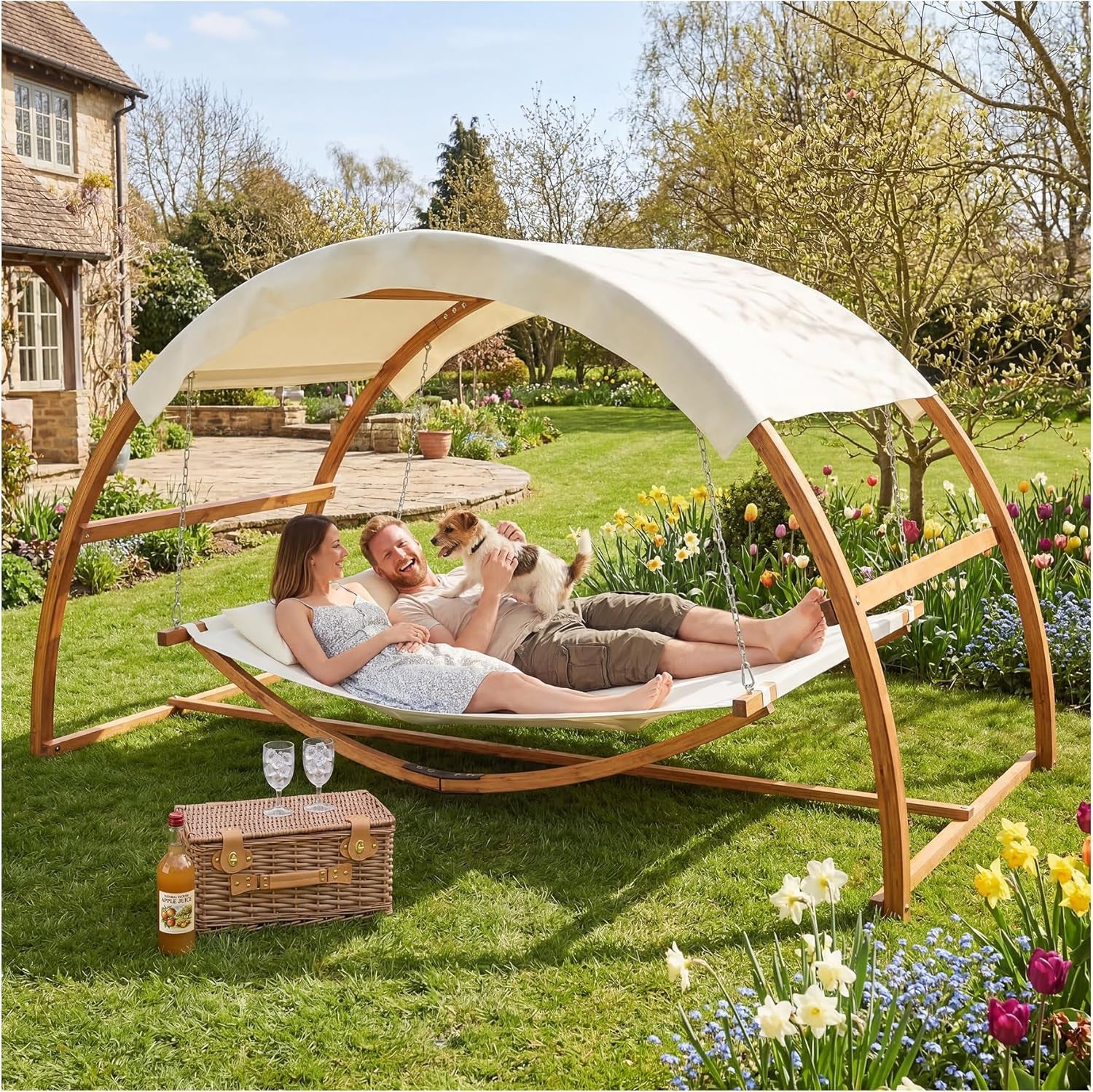 Tectake® Doppel Hängematte Mit Gestell, 328 X 160 X 172 Cm, Hängematte Mit Dach Für 2 Personen, Belastbarkeit 250 Kg, Doppel Sonnenliege, Sonnenliege Holz, Gartenliege Holz, Wetterfest, Inkl. 2 Kissen