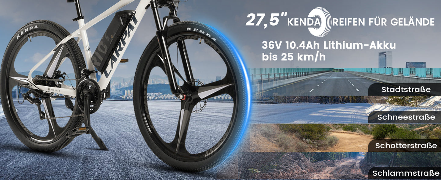 27,5" E-Mountainbike im sportlichen Design für Erwachsene, 36V 10.4Ah, 21-Gang
